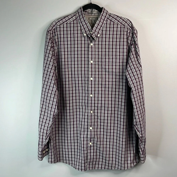 Eddie Bauer Mens Wrinkle Free Relaxed Fit Button Down Shirt Burgundy Plaid LTall - Picture 13 of 13